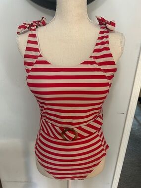 Red and Cream Striped Tie-Shoulder Women's Swimsuit